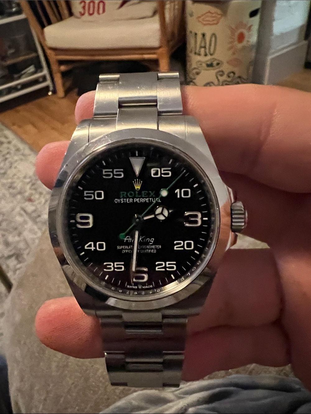 Rolex Air-King Stainless Steel Watch with Black Dial and Green Accents